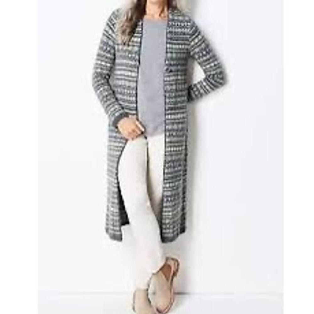 J.JILL Long Fair Isle Bounce Cardigan Singe Button Charcoal Heather Oatmeal Med